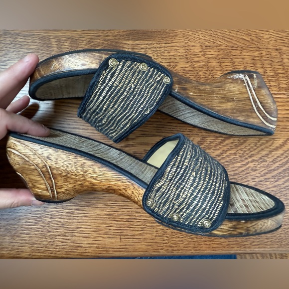 Carved Wooden Slides Clogs‎ Summer Shoes Wedges Heels Woven Retro Sandals 7.5 8 - Picture 7 of 11